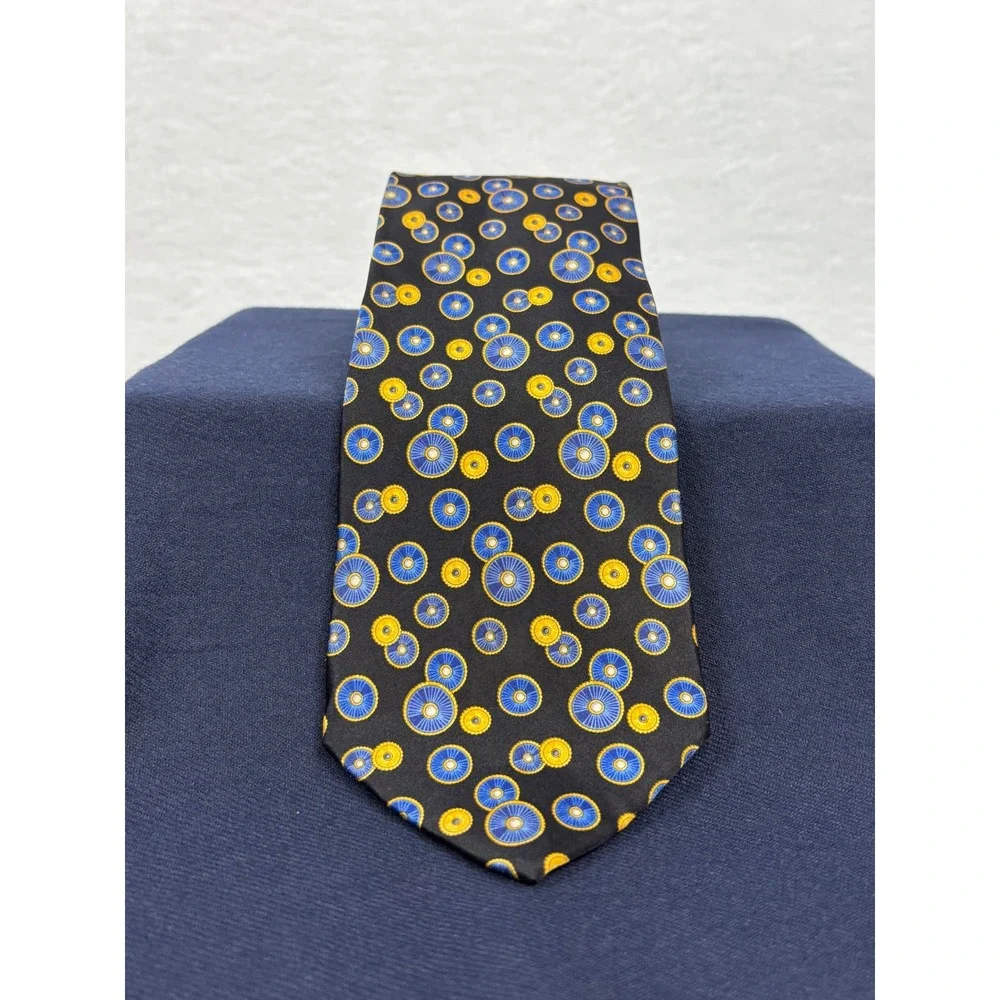 Faberge Silk Necktie Mens Black Blue Yellow Geometric Circle Handmade USA 4x57